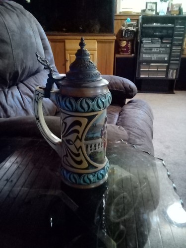 Vintage German Hand Painted 9 1/2 Inch Pewter Lidded Beer Stein #1149 - Picture 2 of 11