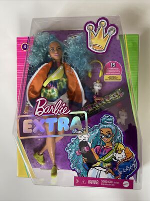 Barbie Extra Doll With Curvy Body & Blue Curly Hair - Includes Bomber Jacket, Skateboard, 2 Kittens & More - View #9