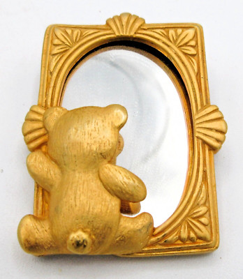 Vtg BIG MIRROR & BEAR wild animal Pin Brooch TEXTURED Brushed gold tone metal