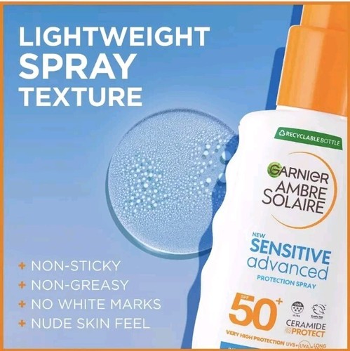 Garnier Ambre Solaire Sensitive Advanced SPF50 Crema Solar Spray 150ml X 2 - Imagen 2 de 6