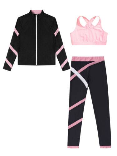 Child Girls Outfit 3Pcs Tracksuits Stripe Set Pants Vest Long Sleeve Leggings - Picture 30 of 47