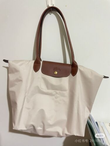 New Longchamp Le Pliage Paper White Large Bag Brown Leather Trim France - Picture 2 of 3