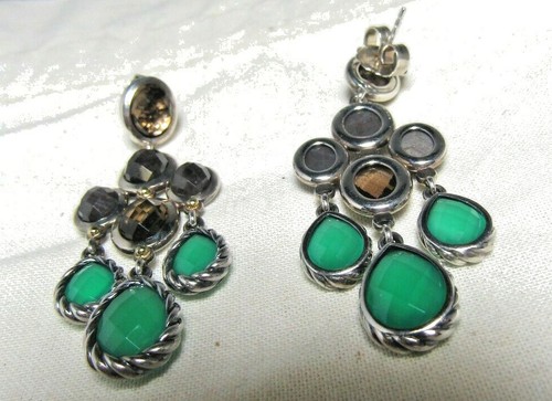 David Yurman SS & 18K Smoky Quartz, Green Onyx & Moonstones Chandlier Earrings - Picture 6 of 11