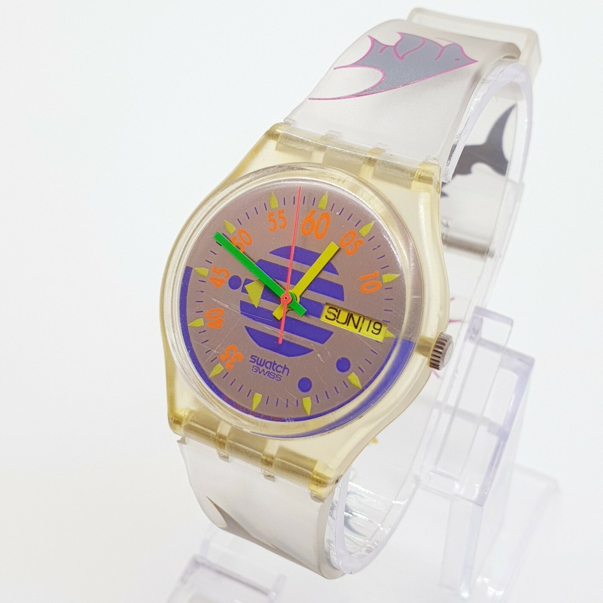 Colorful 90s Swiss Swatch Watch for Adults, Day Date Yellow