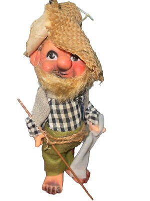 Vtg HILLBILLY Redneck Plastic Doll With Beard Straw Hat Figure 6  Fishing Pole