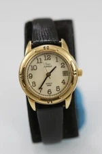 Timex Women Watch Gold Stainless Steel WR Black Leather Light Date Beige Quartz