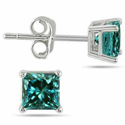 2 Ct Princess Cut Blue Lab-Created Solitaire Stud Earrings 14k White Gold Plated