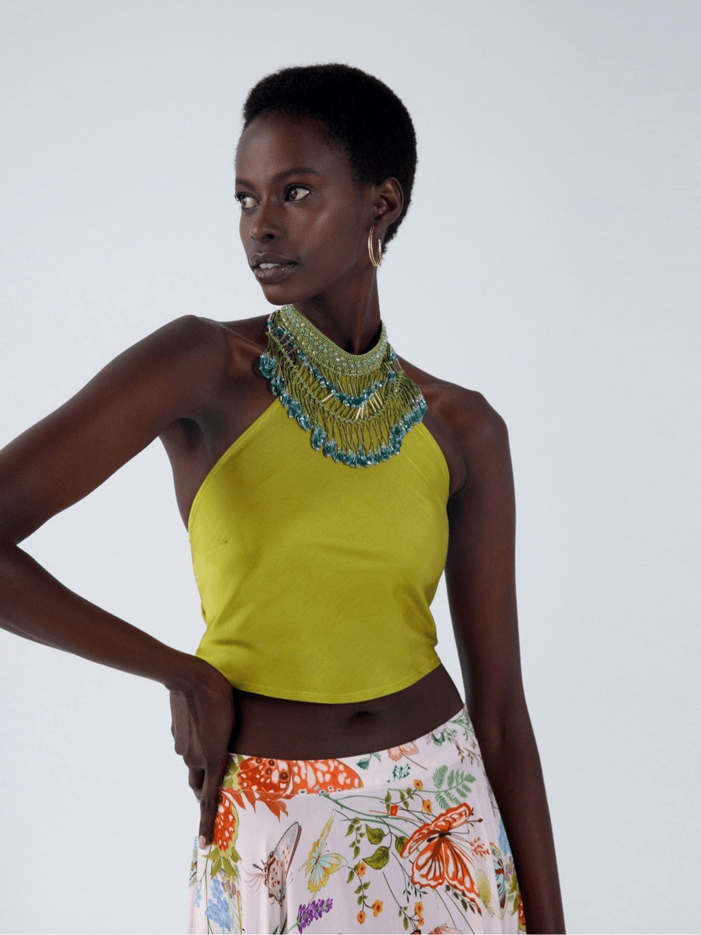 NWT My Beachy Side Beaded Halter Top & Begonia Wide Leg Pants Set Green Small