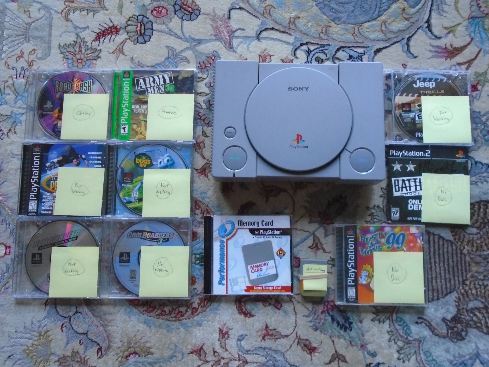 PlayStation 1 console, SCPH-9001, plus games - FOR PARTS OR REPAIR LOT! READ