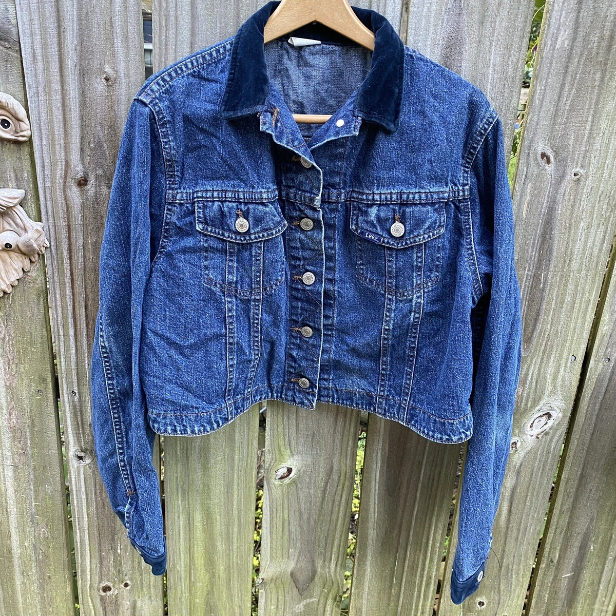 Vintage Lee 89s 90s Jean Jacket Womens Large Denim Cropped Velvet Collar  Cuffs