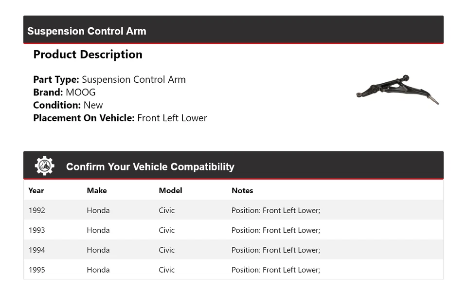 Brazo de control de suspensión delantero izquierdo inferior MOOG 1992-1995 1992 1993 Foto 2 de 4