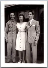 Vintage Snapshot Group Of Three Smiling Friends 1940s