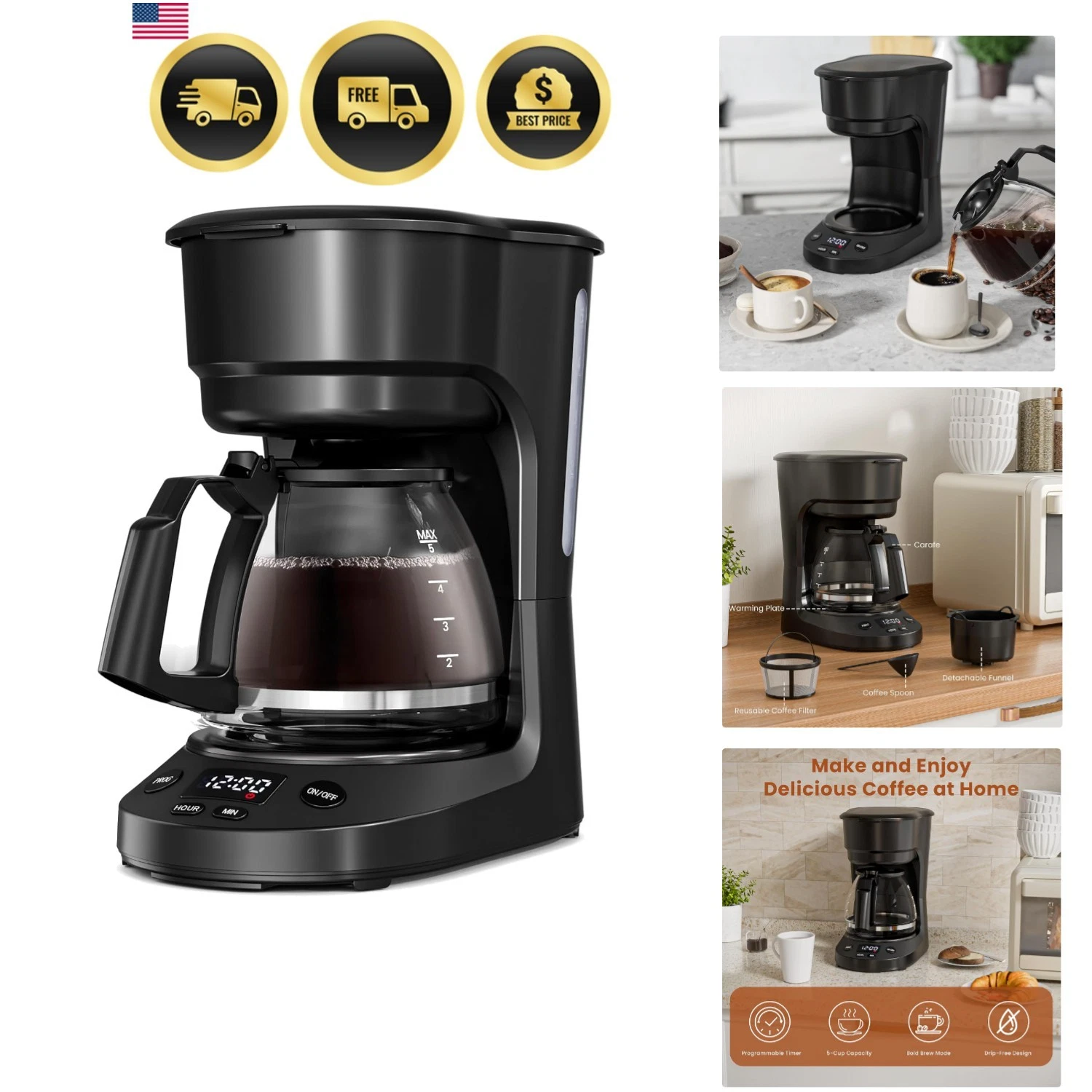 5 Cup Drip Coffee Maker, Portable Coffee Machine with Programmable Timer, Cof...
Opens in a new wind