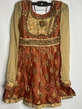 Indian Anarkali Style Dress Brown Gold Embellished Long Sleeve Zipper Broken Rep