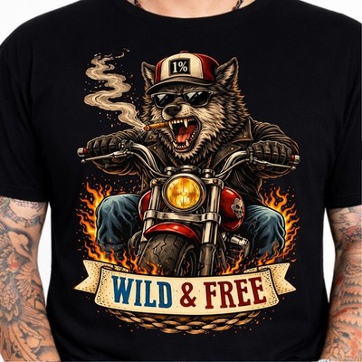 T-Shirt Wild & Free Wolf Biker Motorrad Chopper Flammen lustig Tier Grafik.