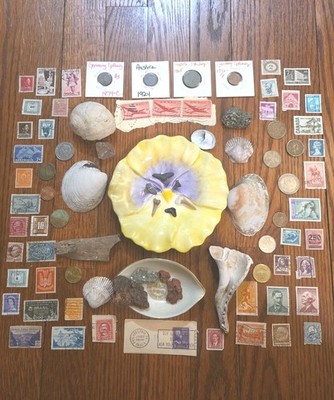 Junk Drawer Lot of Coins, Fossils, Stamps And More Lot 2