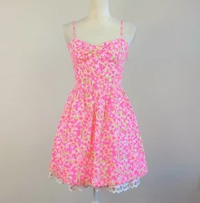 size 4 LILLY PULITZER McCauley NEON Pink Floral Dress with Studded Crocheted Hem