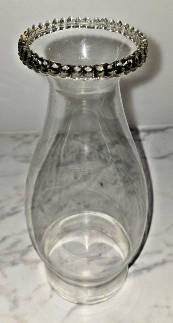VTG GLASS OIL HURRICANE BEADED TOP LAMP CHIMNEY GLOBE SHADE 8.5" HIGH 3" FITTER