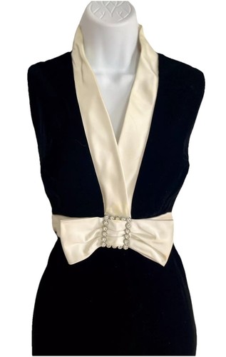 Vintage B. Altman Black Velvet Ivory Satin Bow Jumpsuit, Size 12 - Picture 2 of 5