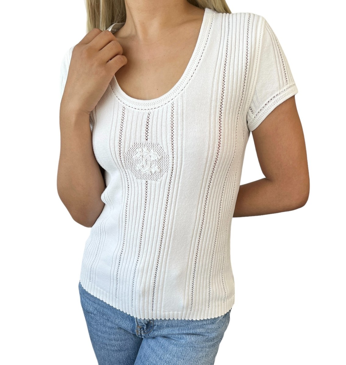 CHANEL Vintage 03P CC Mark Logo Rib Knit T-shirt Top #42