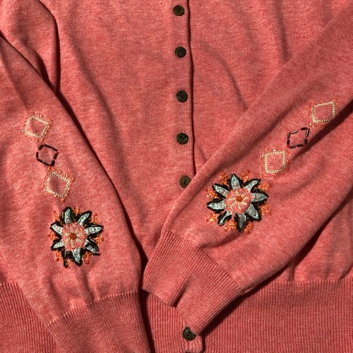 Sundance womens L beaded coral pink button cardigan sweater Aztec southwestern - Picture 7 of 12