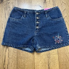 Vintage Y2K No Excuses Denim Jean Shorts Women s 9/10 Flower Cutout 90s NEW