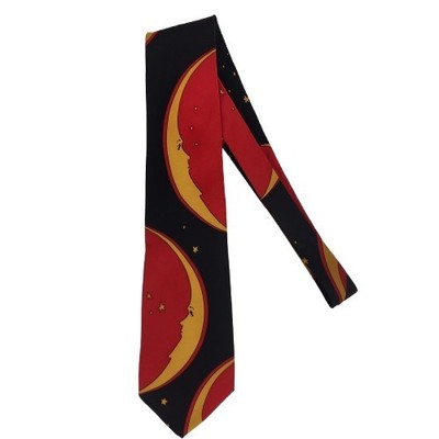 Perry Ellis Portfolio Red Black Yellow Cresent Moon Pattern 100% Silk Tie