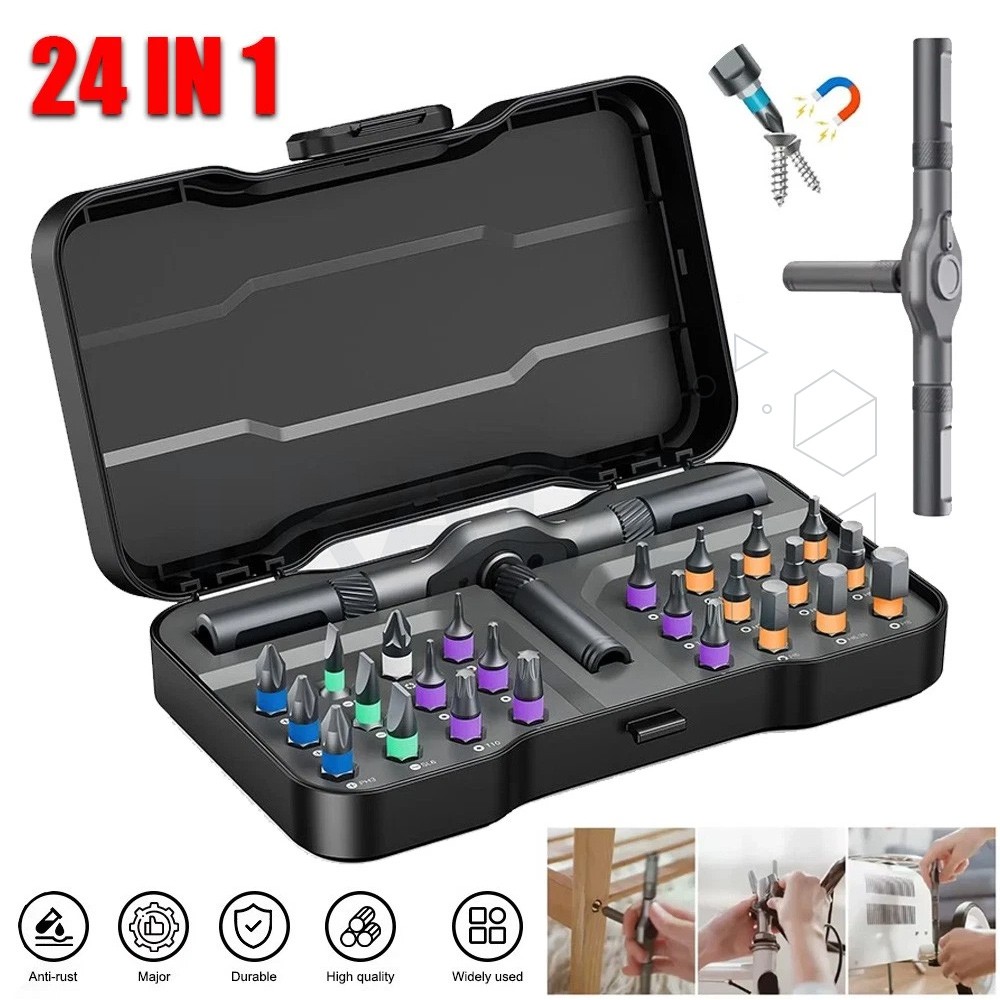 24 in 1 Multi-purpose Ratchet Wrench Screwdriver S2 Magnetic Bits Tools Set Box
