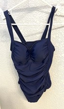 Women s Blue Solid Ruched Front One-Piece Swimsuit, Size M Regular