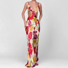 LATEST DESIGN Multi-Colour V Neck Maxi Long Bodycon Evening Dress UK Size 8