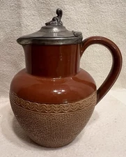 Vintage Langley Ware Chocolate Brown Ceramic Syrup Jug Pitcher Pewter Lid