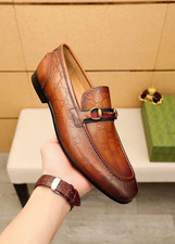 Gucci New Men's Horsebit Web GG Loafers Brown Leather Slip On Dress Shoes