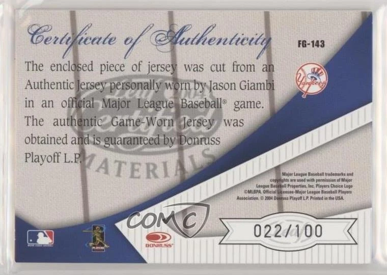 2004 Leaf Certified Materials Fabric of the Game Position /100 Jason Giambi - Image 2 of 2