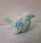 Fenton Art Glass Blue Satin Milk Glass Hand Painted Bird Figurine