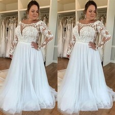 Plus Size Wedding Dresses with Long Sleeves Scoop Neck A Line Lace Bridal Gowns