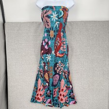 Farm Rio Anthropologie Dress Womens L Multi Strapless Knit Midi Boho Tropical