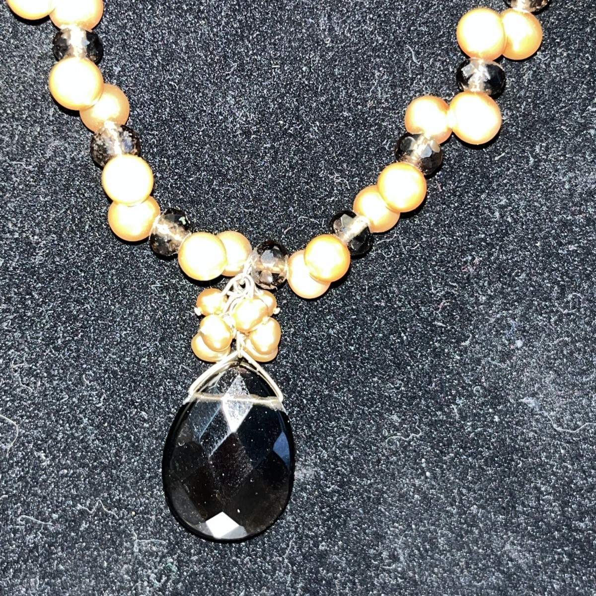 Vintage IWI 14K Yellow Gold  Champagne Pearl Smokey Quartz Cluster 17” Necklace View 3