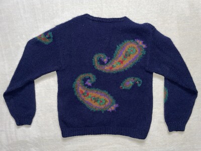 Perry Ellis Vintage Fall 1981 Navy Blue Wool Paisley Intarsia Hand