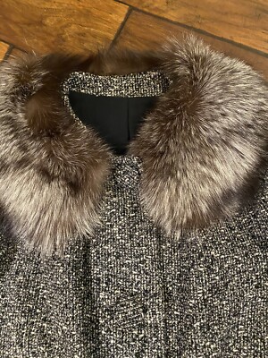 Vintage Fox Fur Trim Black Wool Tweed Lined Skirt Suit Jacket SIZE