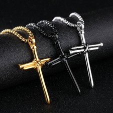 Nail Cross Pendant Necklace - Alloy Metal, 3 Colors, 24" Rounded Box Chain