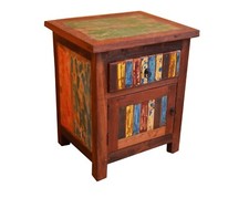 COMODINO INDUSTRIAL LEGNO RICICLATO COLORATO SPORTELLI E CASSETTI CM H60X50X43