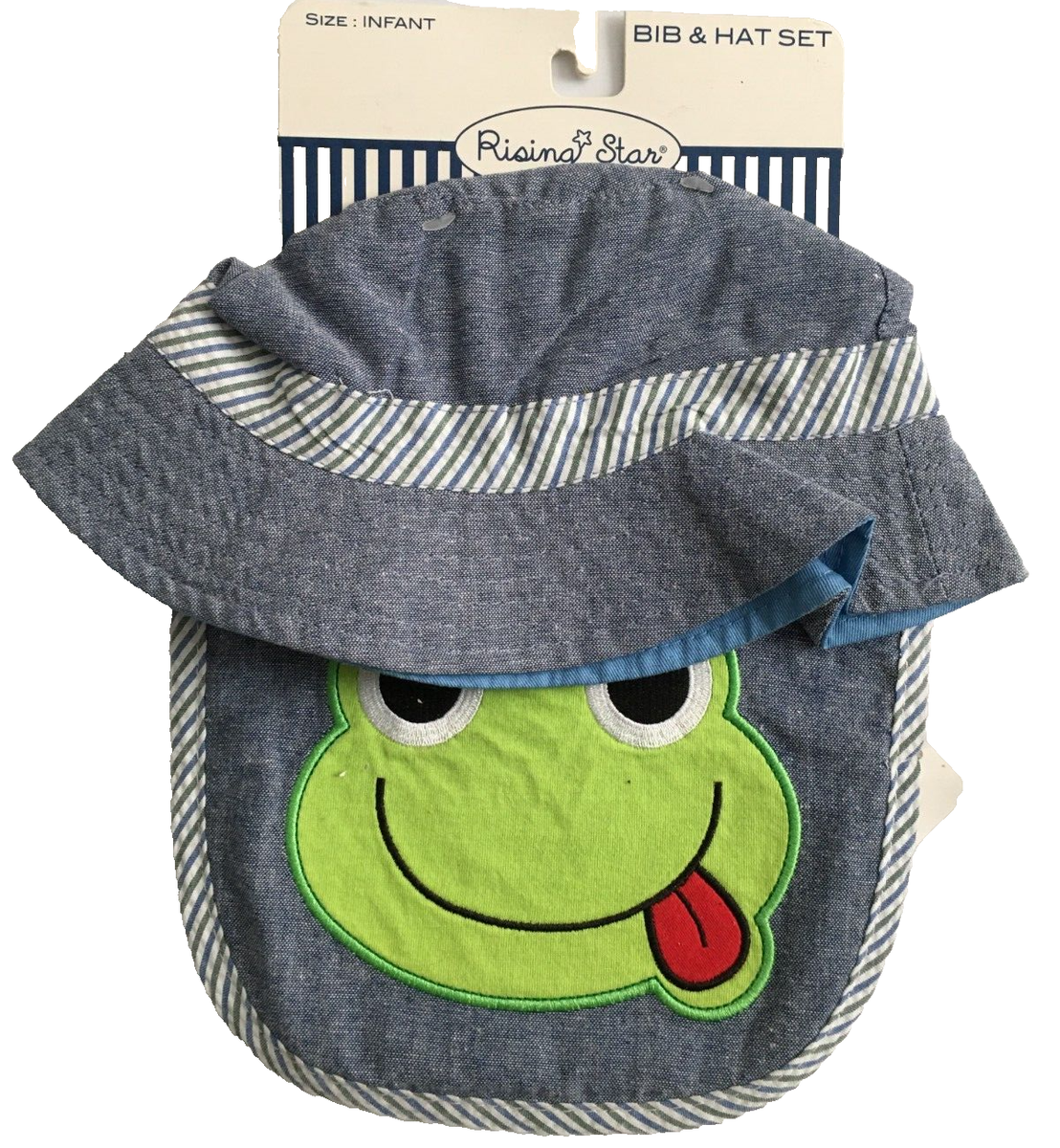 帽子 SEE SEE SUN CAP Infant Blue Denim Bib & Bucket Hat Set Frog Face Bib Blue Hat