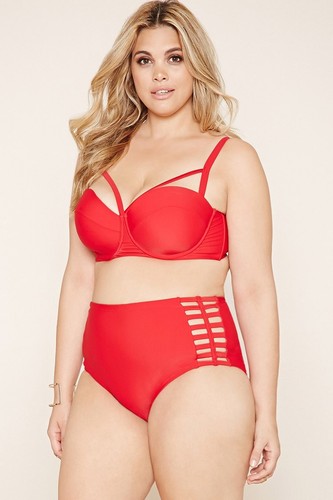 Forever 21 Plus Red Bralette Bikini Strap Top High Waisted Caged Bottom XL1X2X3X - Picture 1 of 5
