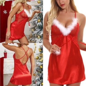 Valentine Lingerie for Women Sexy Santa Lace Babydoll Satin Chemise Sleepwear US