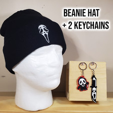 Ghostface / Scream beanie hat  2 keychains black plush cap unisex horror movie