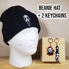 Ghostface / Scream beanie hat + 2 keychains black plush cap unisex horror movie