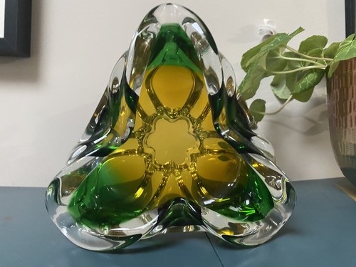 Vintage Murano Sommerso style Chribska Green & Gold glass bowl / Ashtray 1970s