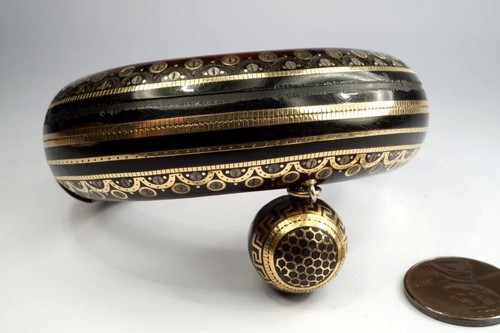ANTIQUE VICTORIAN NATURAL SHELL GOLD & SILVER PIQUE BANGLE & ORB CHARM c1870
