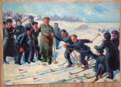 RAR Vintage Ölgemälde UdSSR Sozialistischer Realismus Suworow Ski Wettbewerb 1949