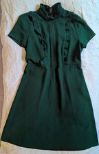 Zara Women's Emerald Green Mini Dress Ruffled High Neck, Short Sleeve, XS